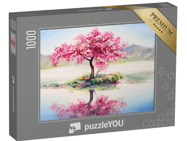 puzzle 1000 dílků „Olejomalba: Sakura na jezeře - Japonský třešňový květ“