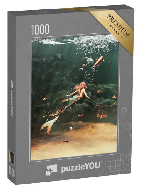 puzzle 1000 dílků „Půvabná mořská panna plave s rybami a tuleni“