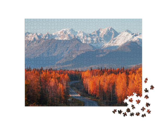 puzzle 1000 dílků „Pohled na Denali, horu Foraker a Aljašské pohoří z dálnice Parks Highway“