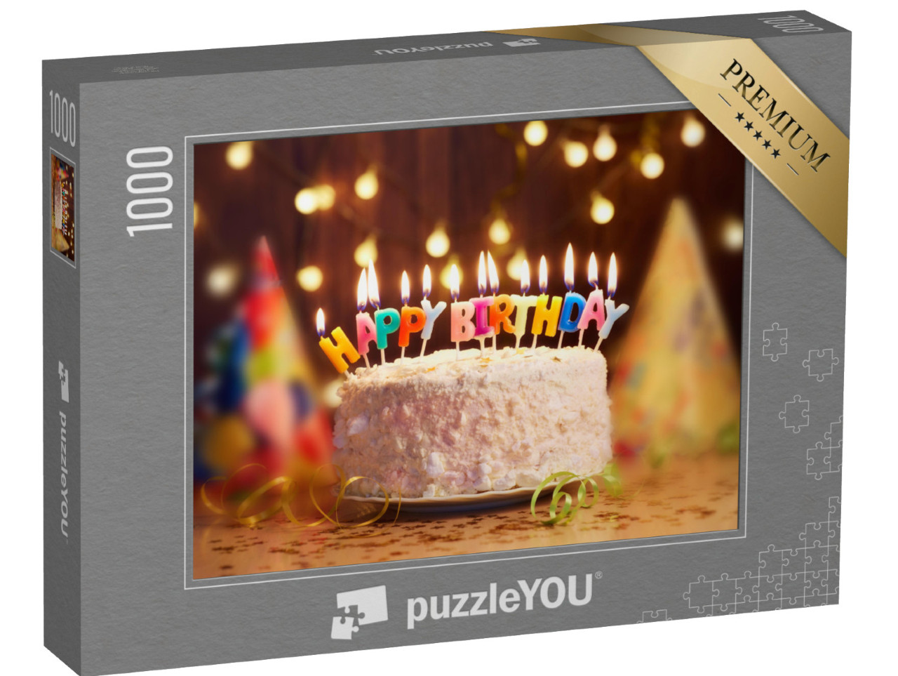 puzzle 1000 dílků „Narozeninový dort se svíčkami, jasná světla Bokeh...“