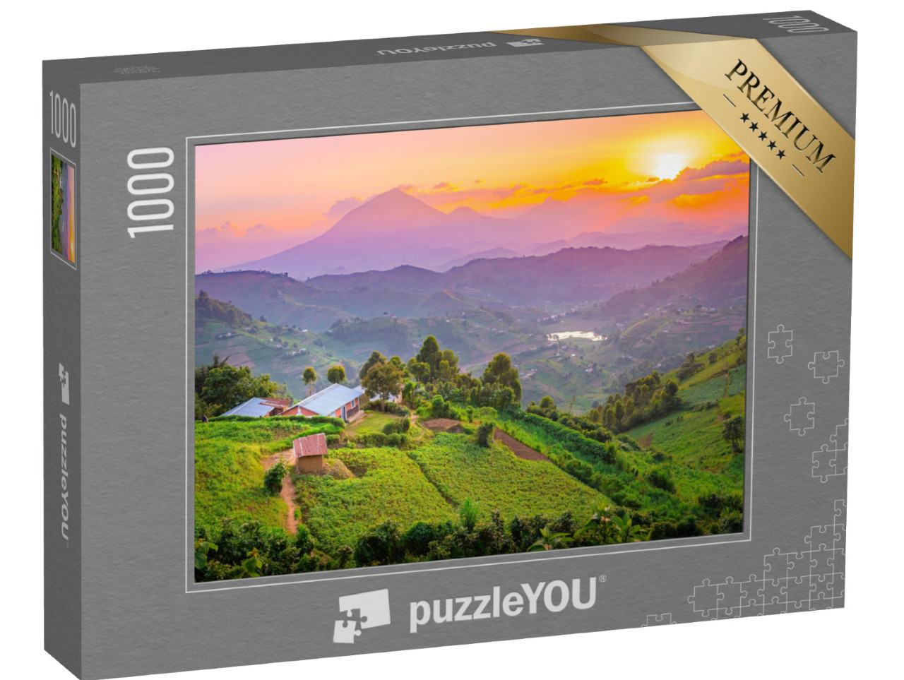 puzzle 1000 dílků „Neuvěřitelná krajina a barvy: západ slunce v Kisoro, Uganda“