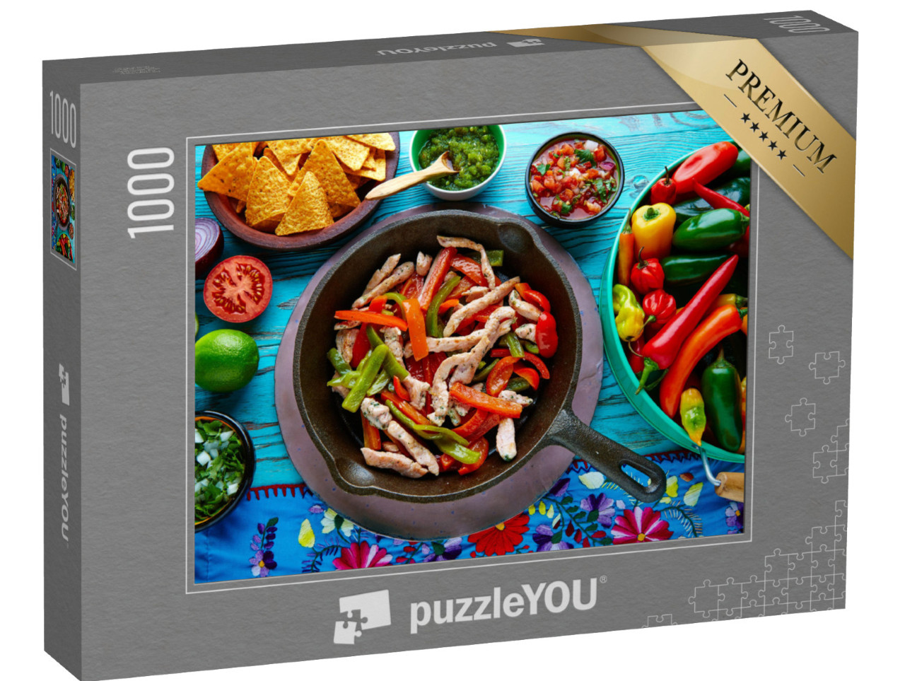 puzzle 1000 dílků „Kuřecí fajitas na pánvi s omáčkami, chilli a přílohami“