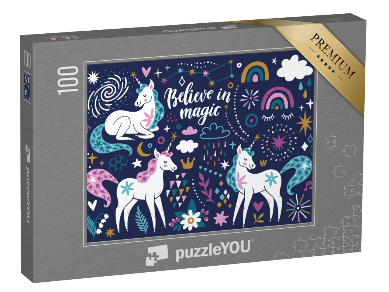 puzzle 100 dílků „Jednorožci, duhy, mraky, květiny, hvězdy a jiskry“