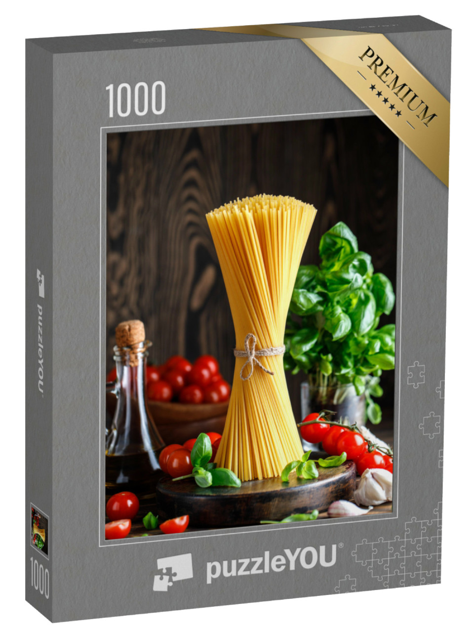 puzzle 1000 dílků „Špagety, bazalka a rajčata v pozadí“