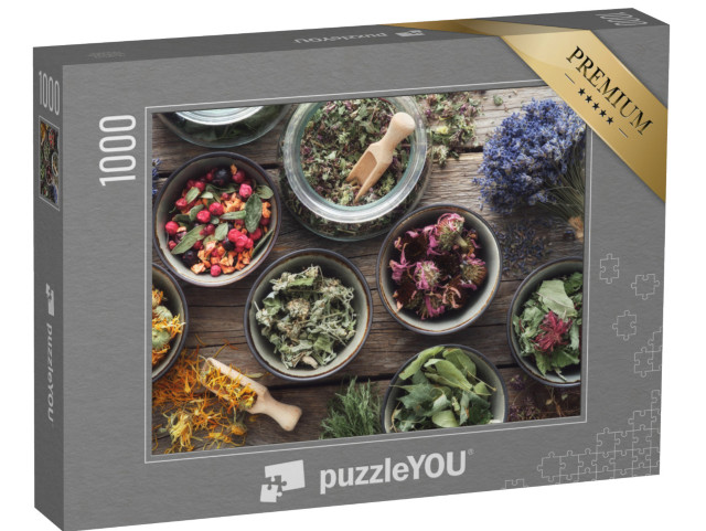 puzzle 1000 dílků „Misky a sklenice se sušenými léčivými bylinami“