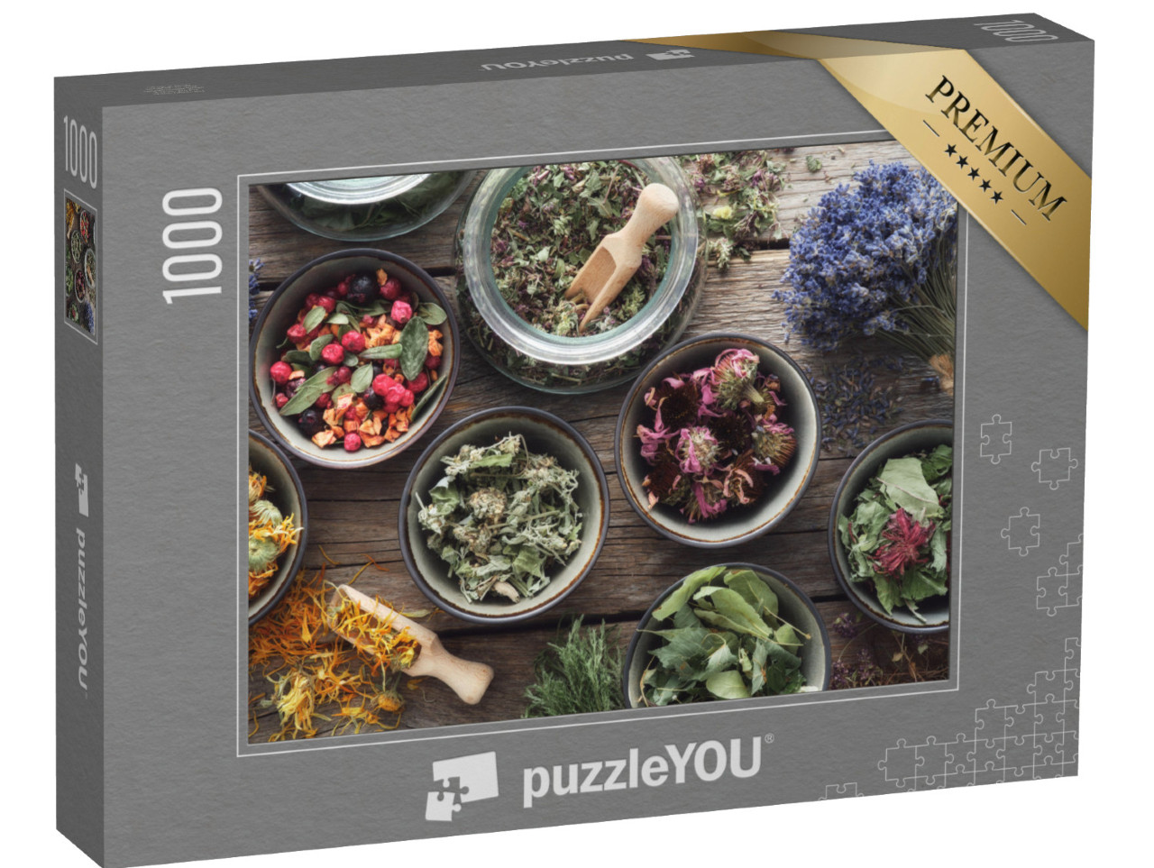 puzzle 1000 dílků „Misky a sklenice se sušenými léčivými bylinami“