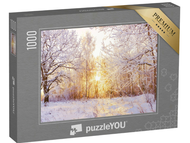 puzzle 1000 dílků „Zasněžená zimní krajina v lese při západu slunce“