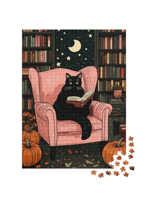 puzzle 1000 dílků „Černá kočka čte v křesle na Halloween“