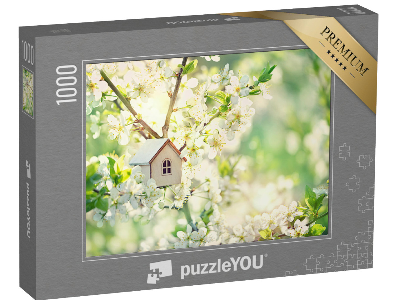 puzzle 1000 dílků „Pohádkový domeček v rozkvetlé třešni“