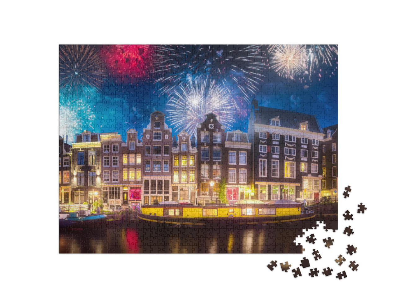 puzzle 1000 dílků „Velkolepý ohňostroj nad historickým centrem Amsterdamu, Nizozemsko“
