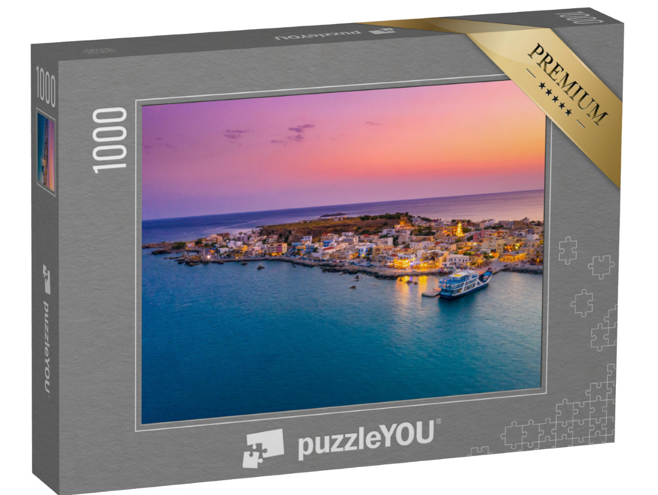 puzzle 1000 dílků „Pohled na tradiční vesnici Paleochora při západu slunce, Chania, Kréta“