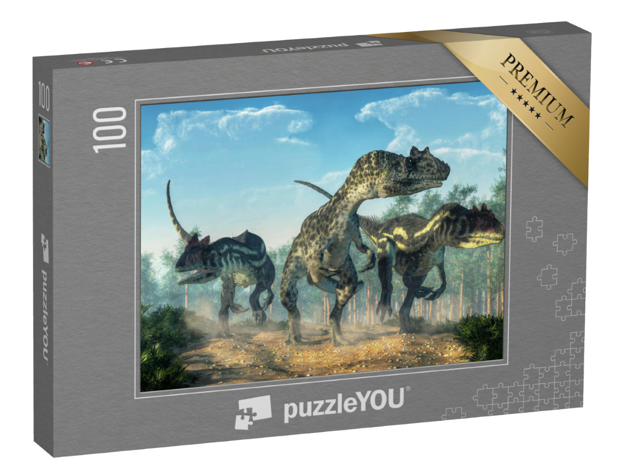 puzzle 100 dílků „Tři allosauři rozvíří prach“