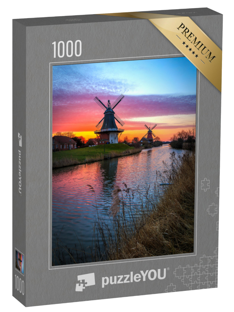 puzzle 1000 dílků „Dvojité mlýny Greetsiel, Východní Frísko při východu slunce“