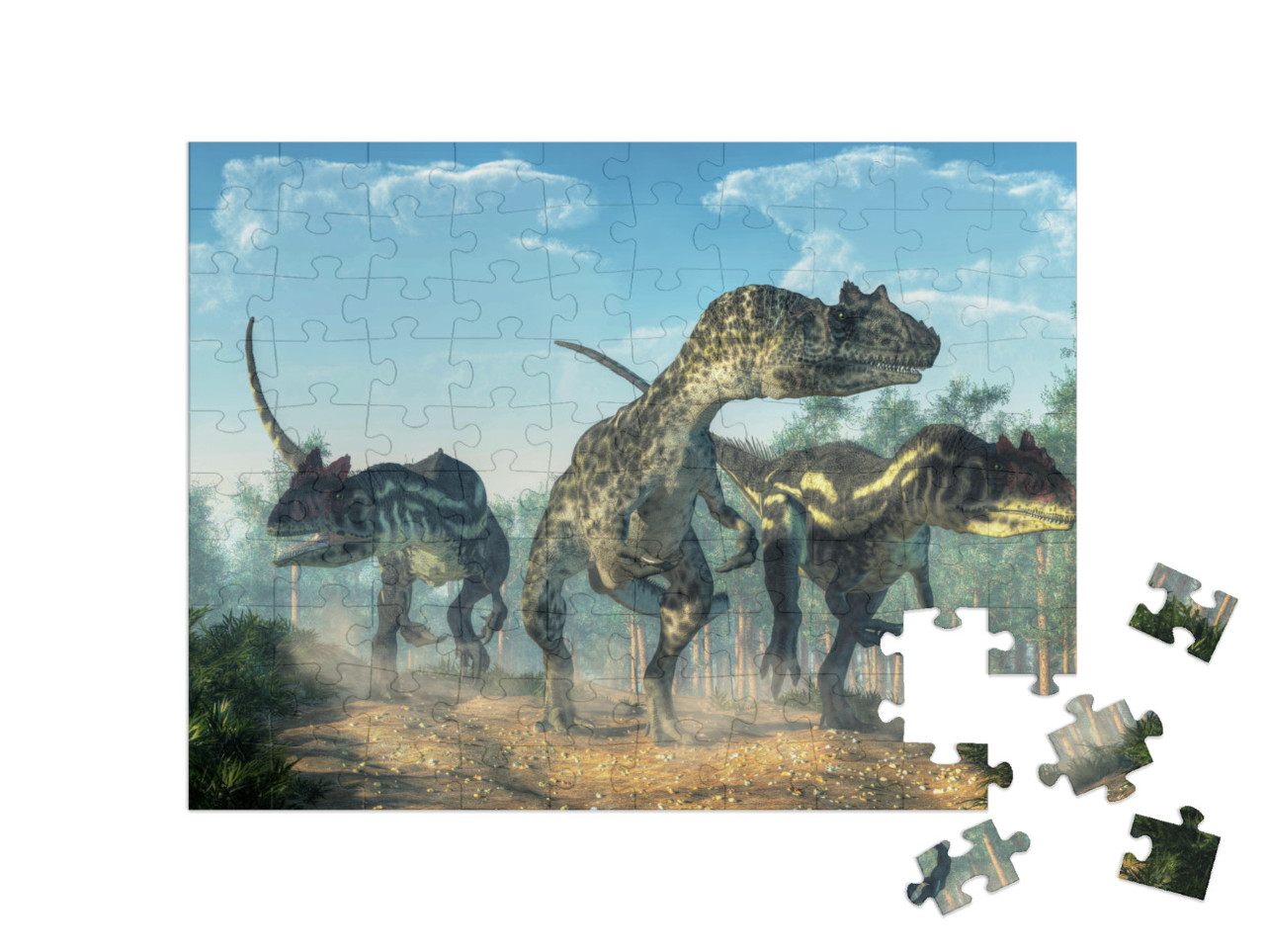 puzzle 100 dílků „Tři allosauři rozvíří prach“