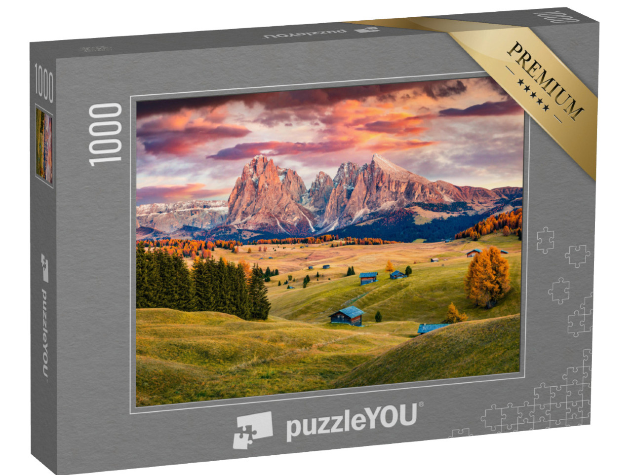 puzzle 1000 dílků „Východ slunce na Seiser Alm s podzimními modříny před Langkofelem“