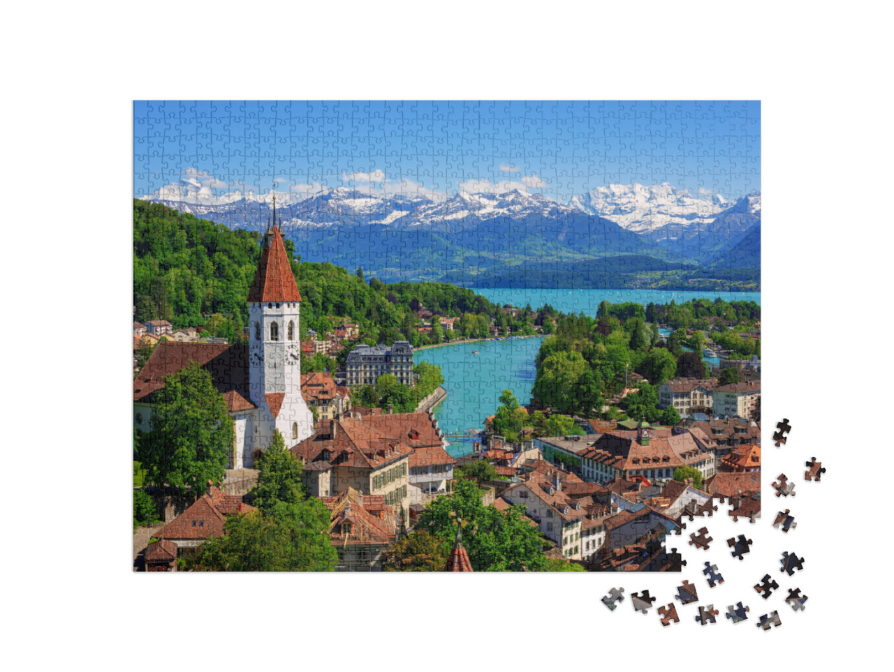 puzzle 1000 dílků „Malebné městečko Thun u Thunského jezera, kanton Bern, Švýcarsko“