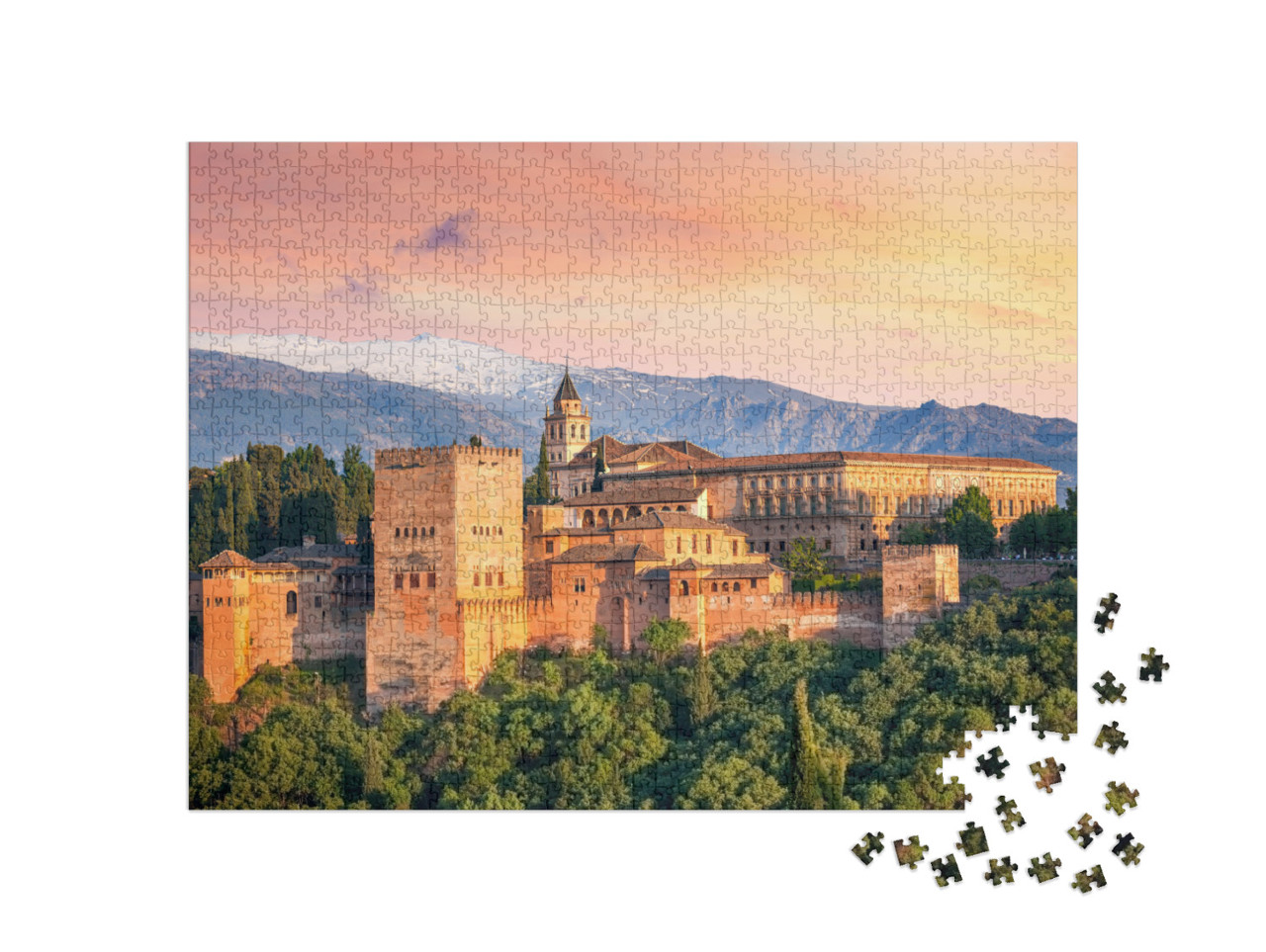 puzzle 1000 dílků „Fascinující západ slunce nad Alhambrou, Granada, Španělsko“