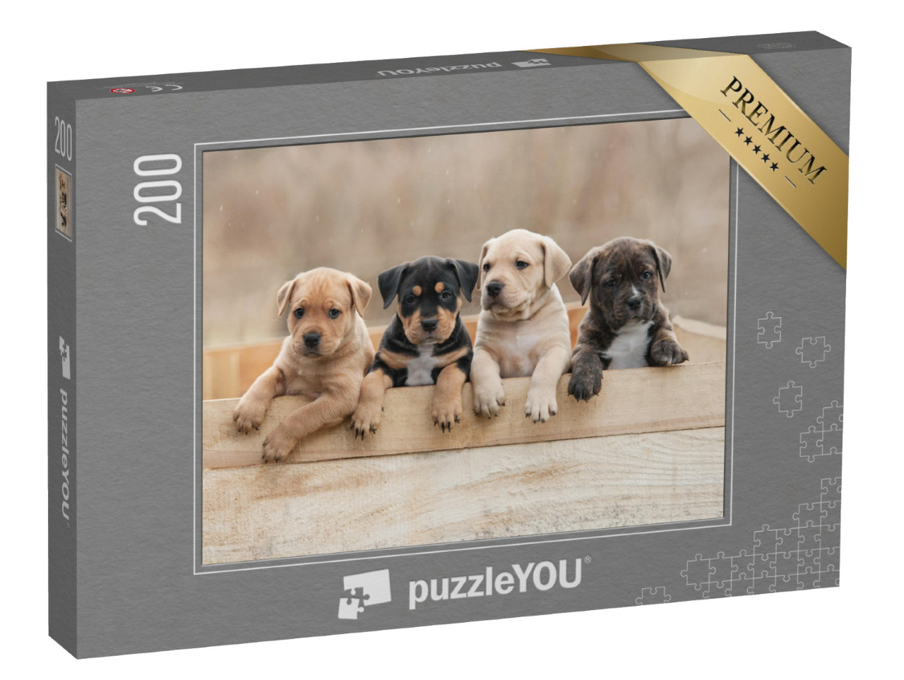 puzzle 200 dílků „Štěňata amerického stafordšírského teriéra v krabici“