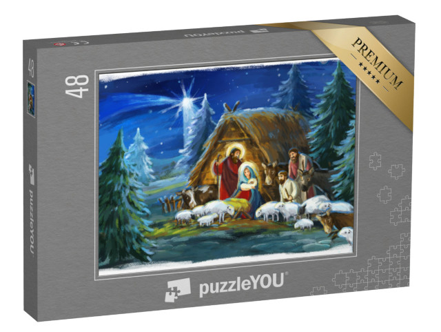 puzzle 48 dílků „Tradiční vánoční scéna se Svatou rodinou a zvířaty“
