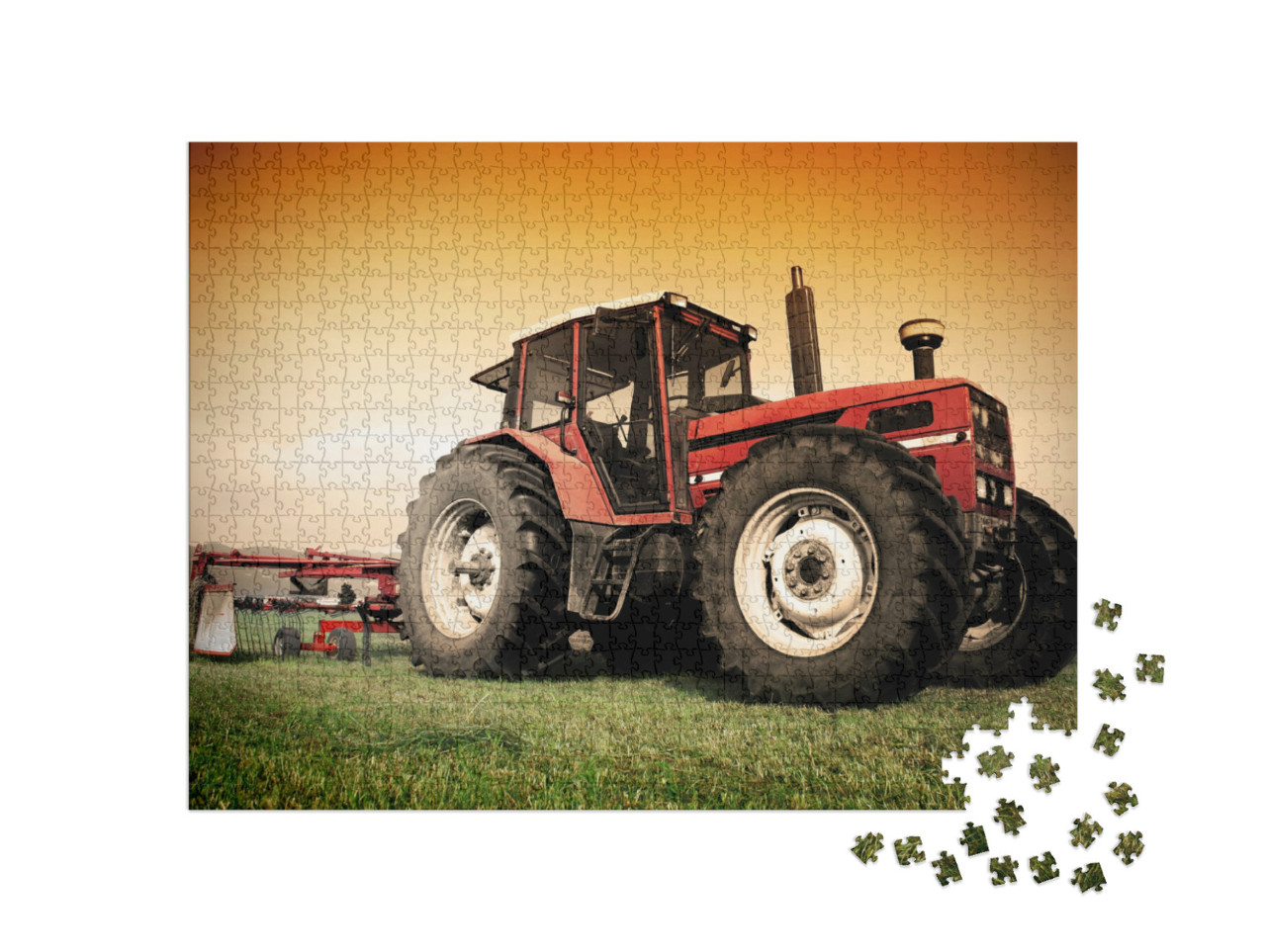 puzzle 1000 dílků „Starý červený traktor na louce při sečení“