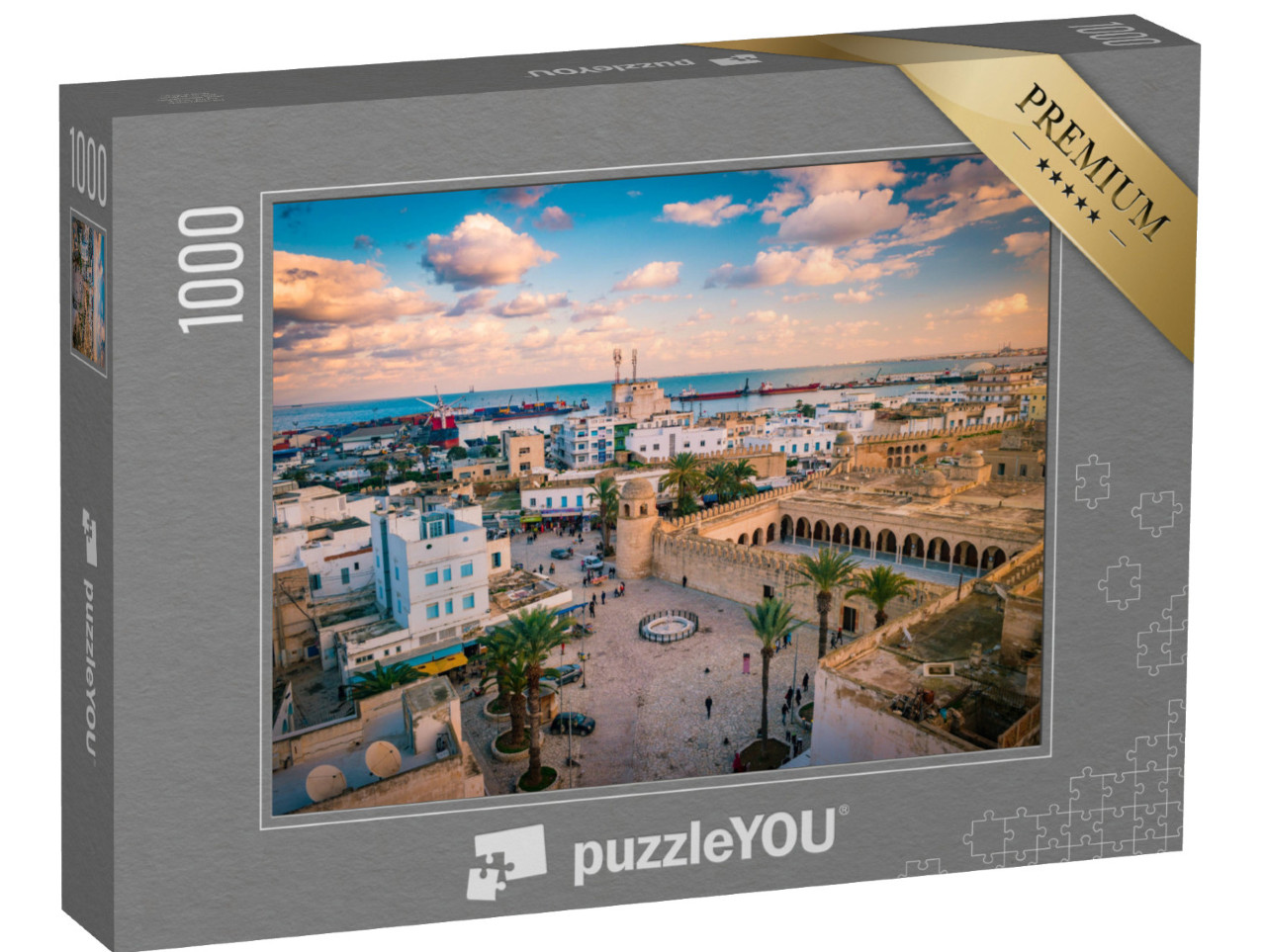 puzzle 1000 dílků „Západ slunce nad Sousse, krajina města s mešitou a přístavem, Tunisko“