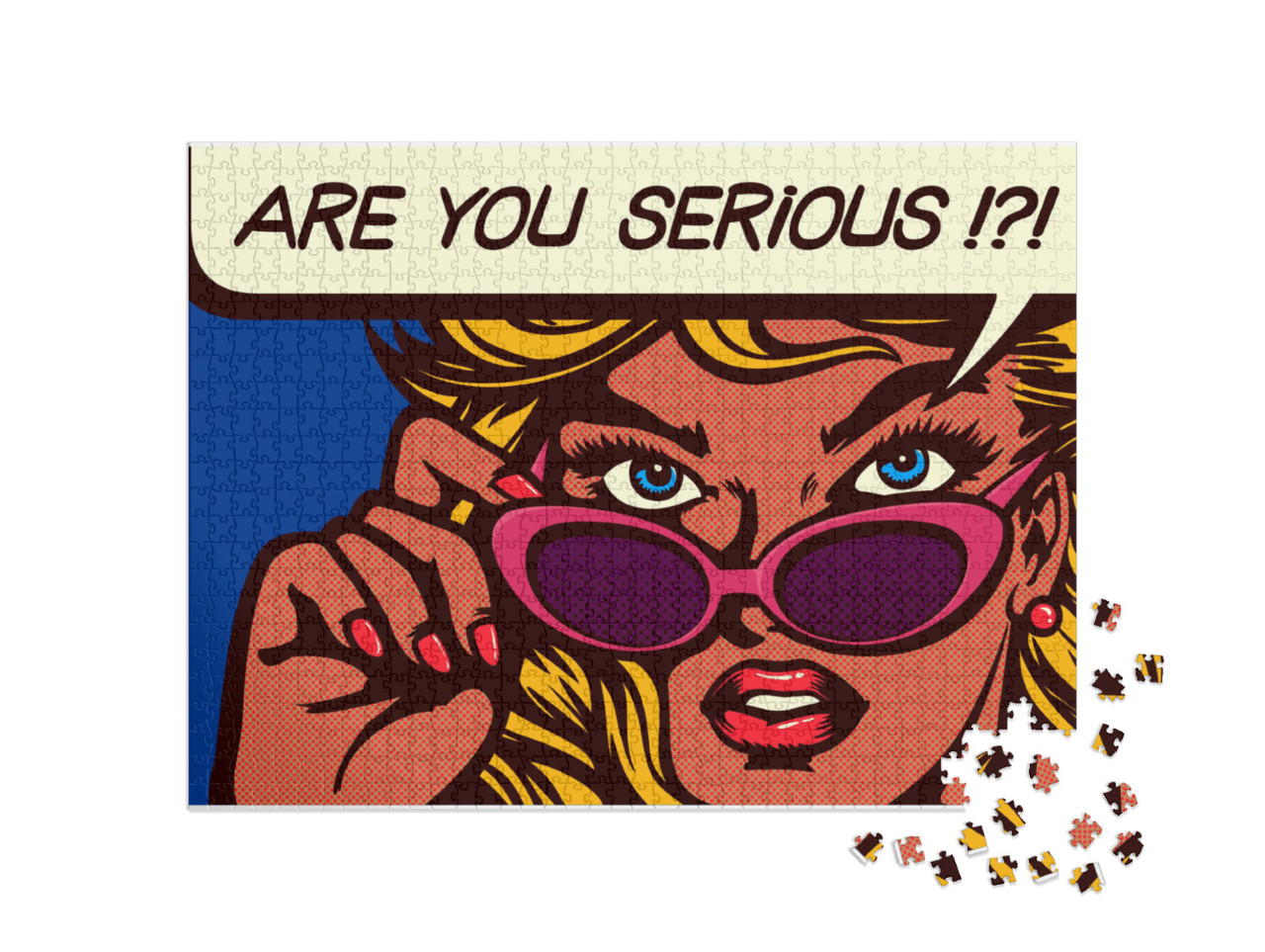 puzzle 1000 dílků „Pop art komiksový styl - skeptická žena se slunečními brýlemi“