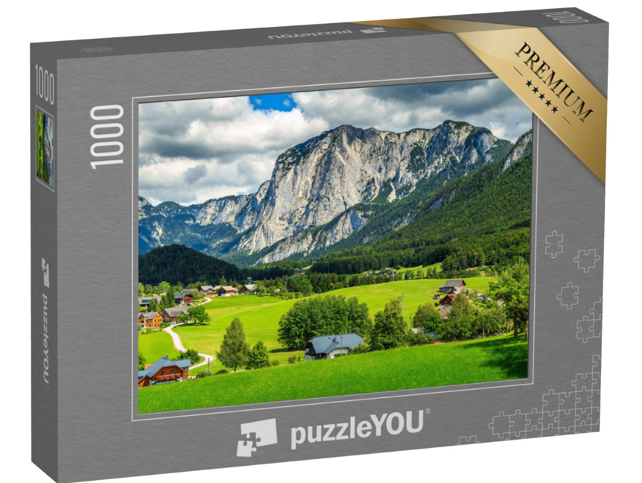 puzzle 1000 dílků „Jarní krajina s poli, pastvinami a horami, Altaussee, Rakousko“