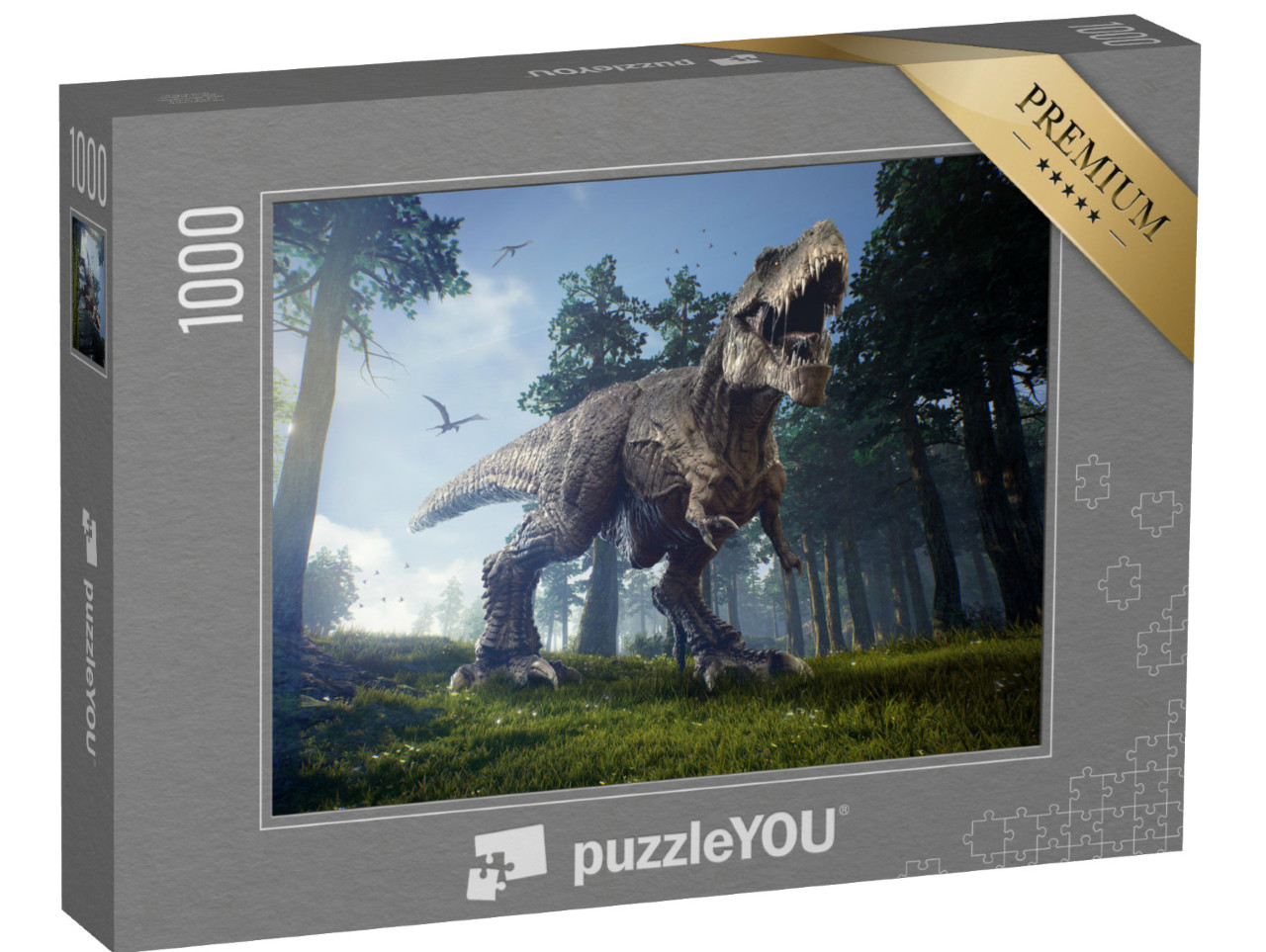 puzzle 1000 dílků „Lovecký revír Tyranosaura Rexe se dvěma Quetzalcoatly“