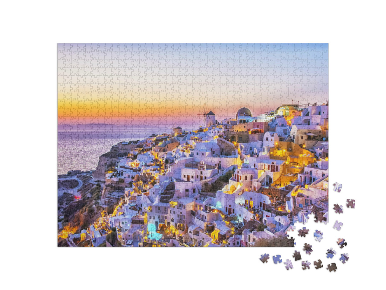 puzzle 1000 dílků „Vesnice Oia s tradičními bílými domy a větrnými mlýny, Santorini, Řecko“