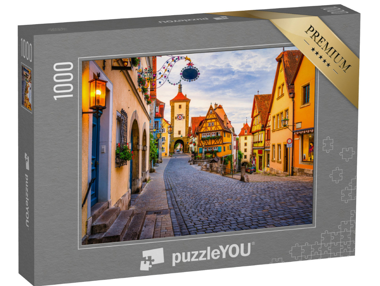 puzzle 1000 dílků „Ranní pohled na Untere Schmiedgasse v Rothenburgu ob der Tauber, Bavorsko“