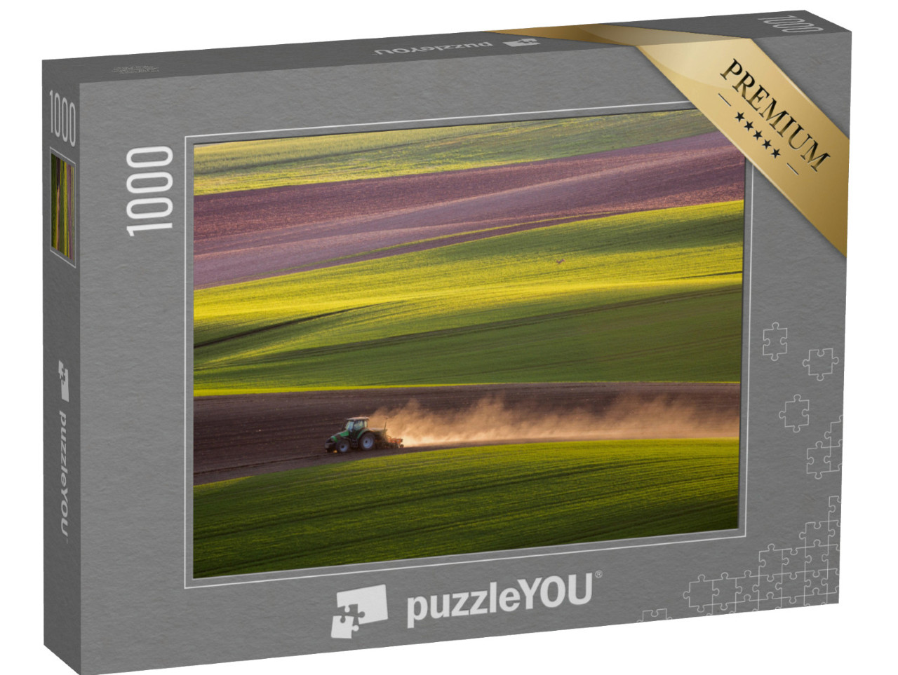 puzzle 1000 dílků „Traktor s pluhem při západu slunce“