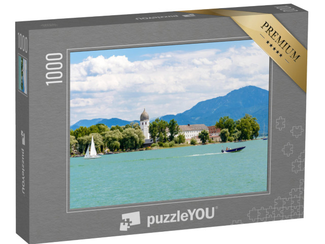 puzzle 1000 dílků „Fraueninsel, Frauenchiemsee na jezeře Chiemsee s lodí, Bavorsko, Německo“