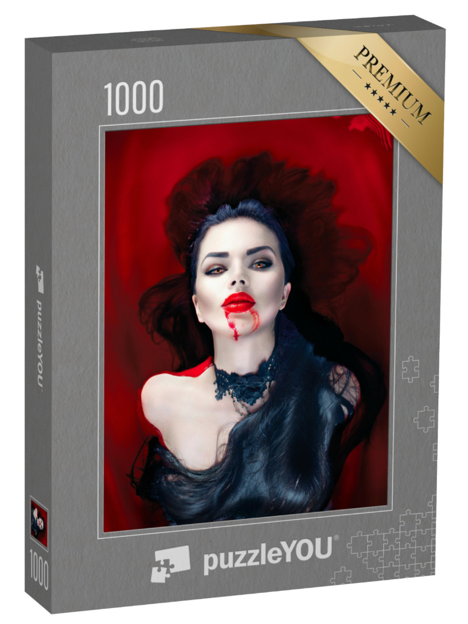 puzzle 1000 dílků „Upírka s černými vlasy a krvavými ústy.“