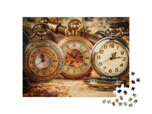 puzzle 1000 dílků „Starožitné kapesní hodinky s římskými a arabskými ciferníky“