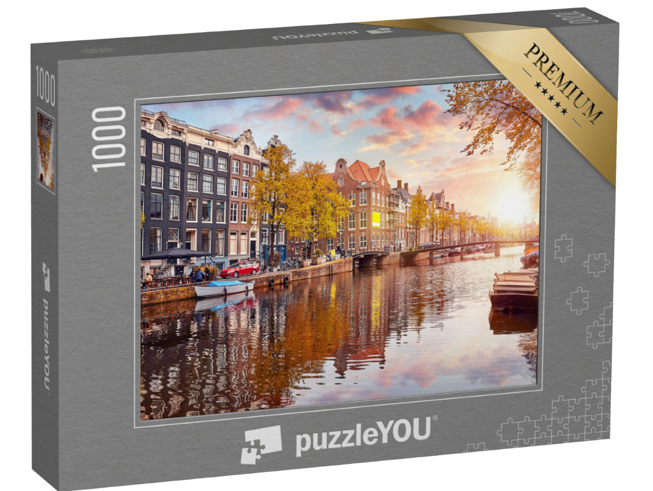 puzzle 1000 dílků „Teplé sluneční světlo na kanálu v Amsterdamu, Nizozemsko“