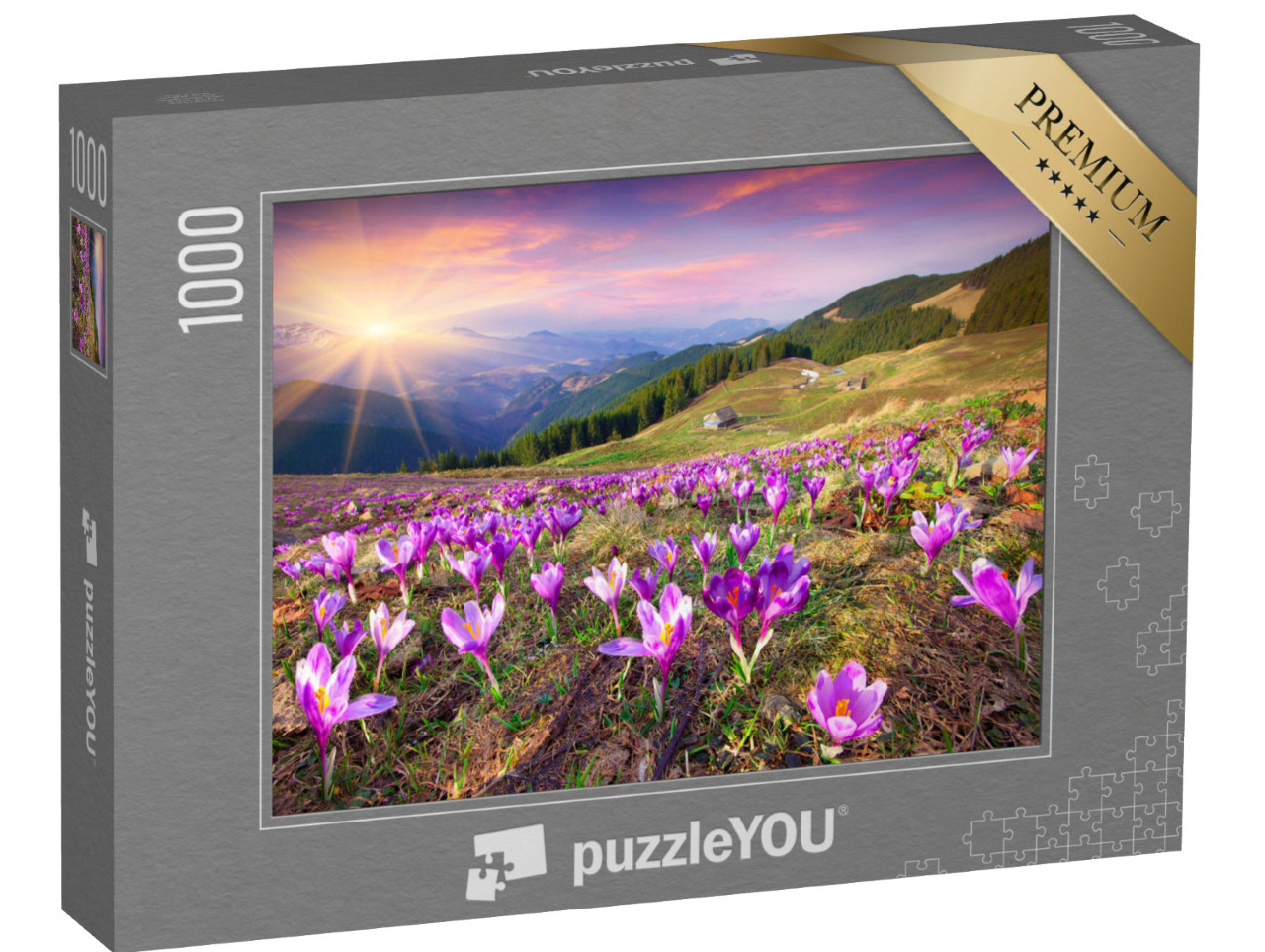 puzzle 1000 dílků „Západ slunce nad kvetoucími krokusy v horách“