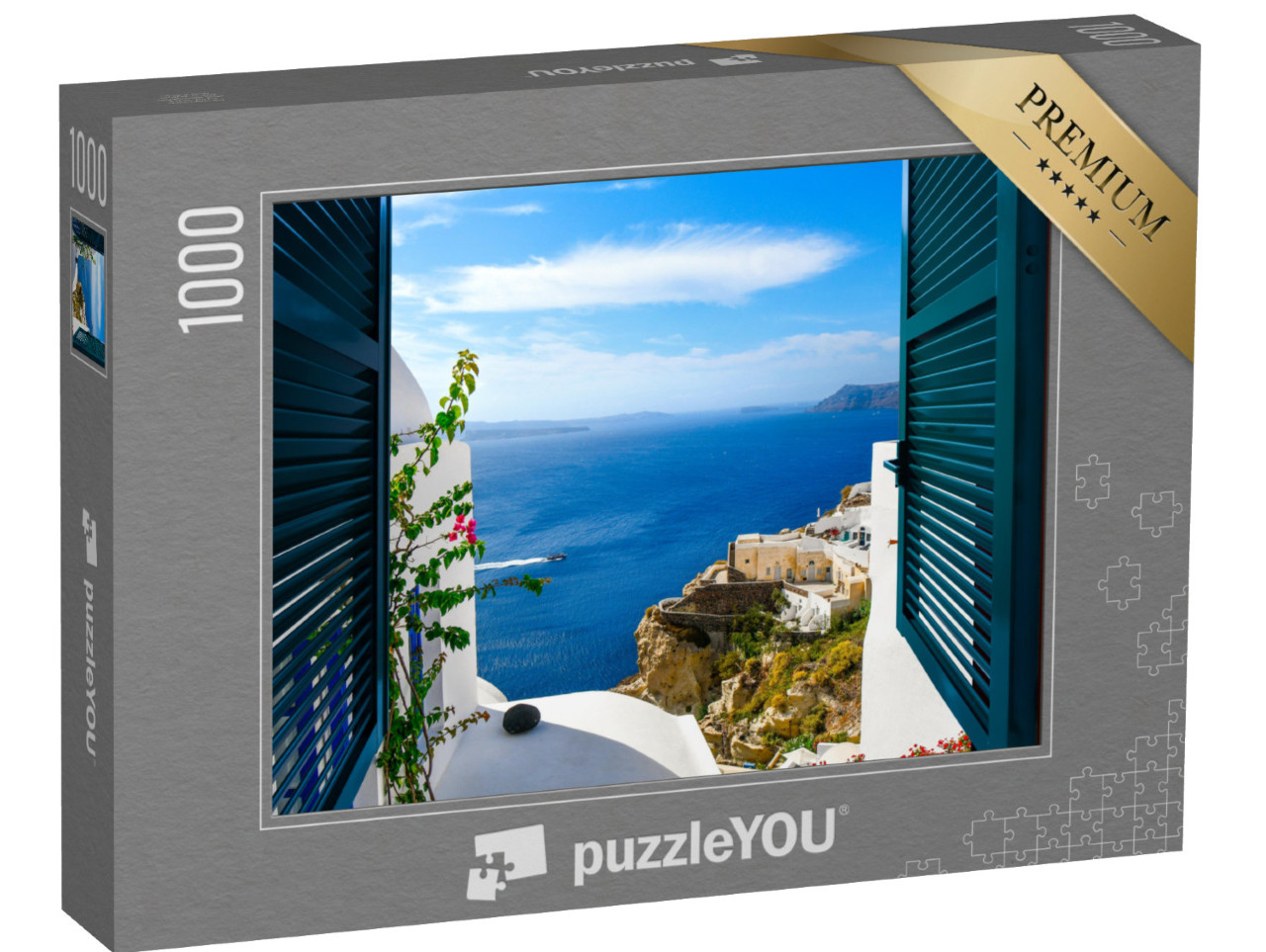 puzzle 1000 dílků „Pohled z okna ve vesnici Oia na ostrově Santorini, Řecko“