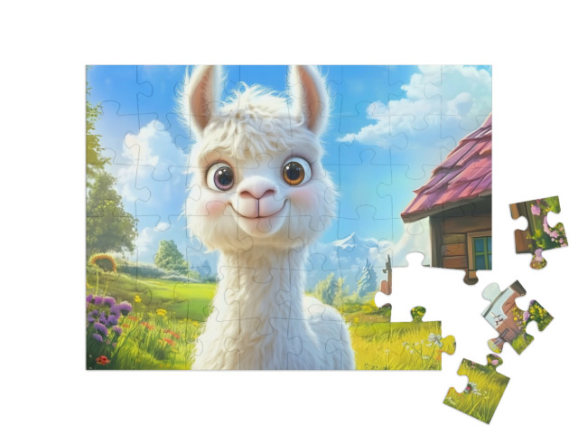 puzzle 48 dílků „Alpaka na louce“
