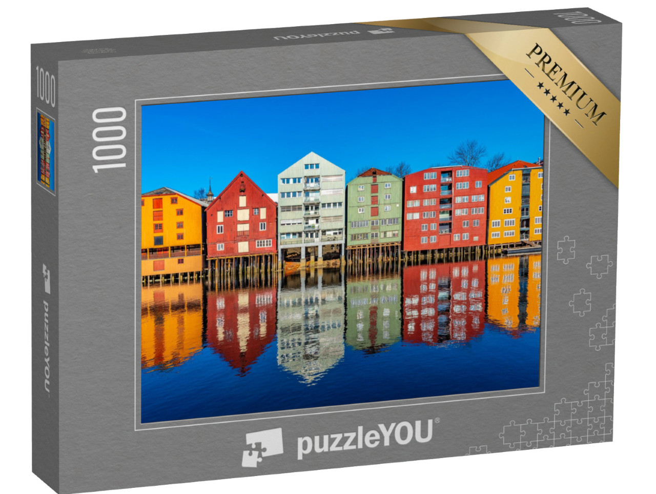 puzzle 1000 dílků „Dřevěné domy u řeky Nidelvy ve čtvrti Brygge v norském Trondheimu“