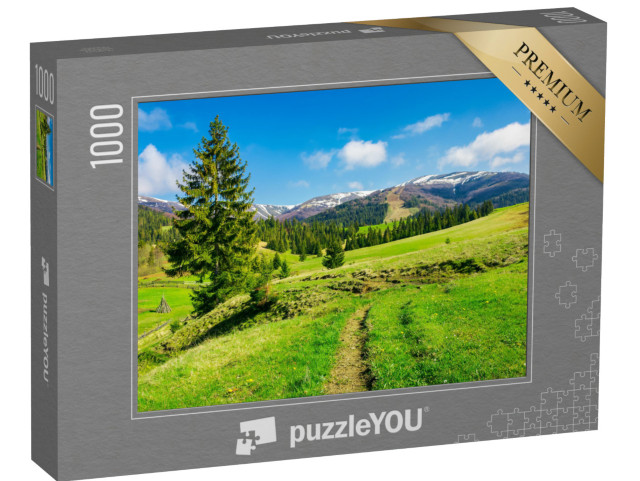 puzzle 1000 dílků „Hory na jaře, svěží les a louka“