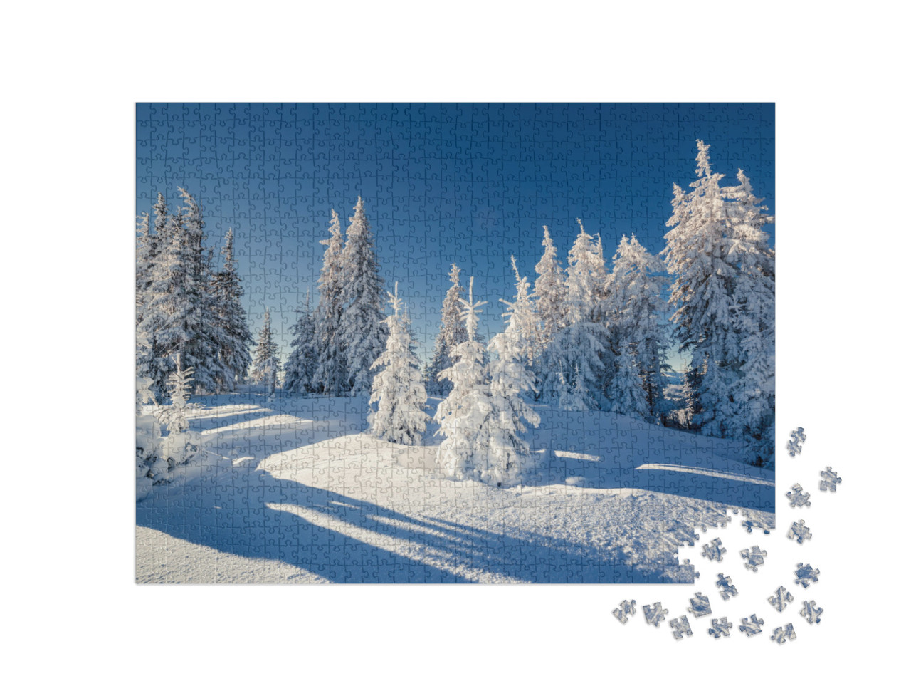 puzzle 1000 dílků „Nádherná zimní krajina v prosluněném horském lese“