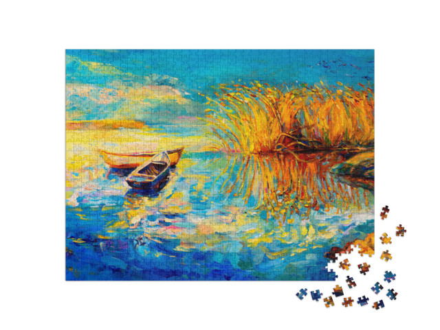 puzzle 1000 dílků „Olejomalba: Lodě na břehu jezera“