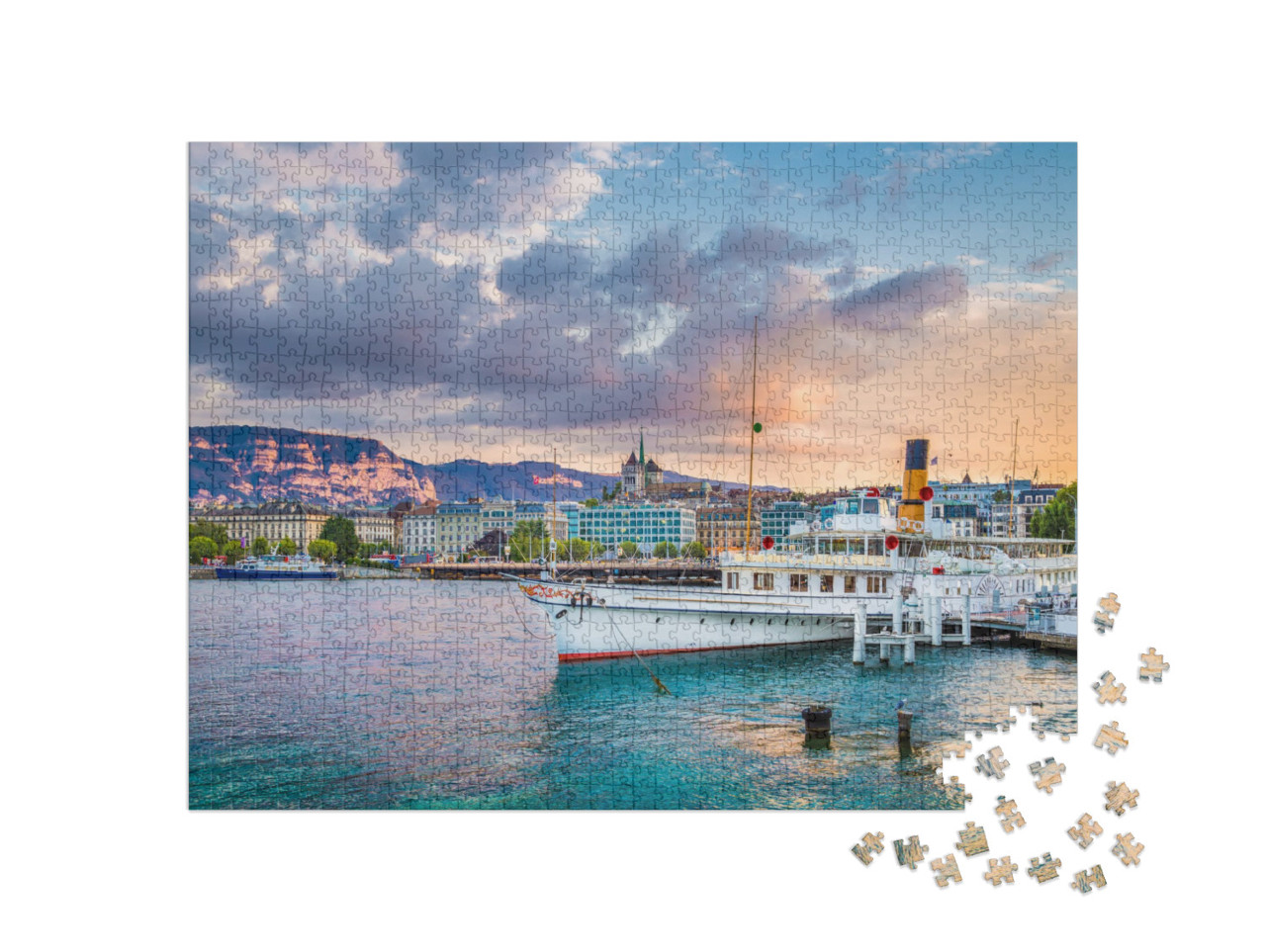 puzzle 1000 dílků „Panoramatický pohled na centrum Ženevy a Ženevské jezero, Švýcarsko“