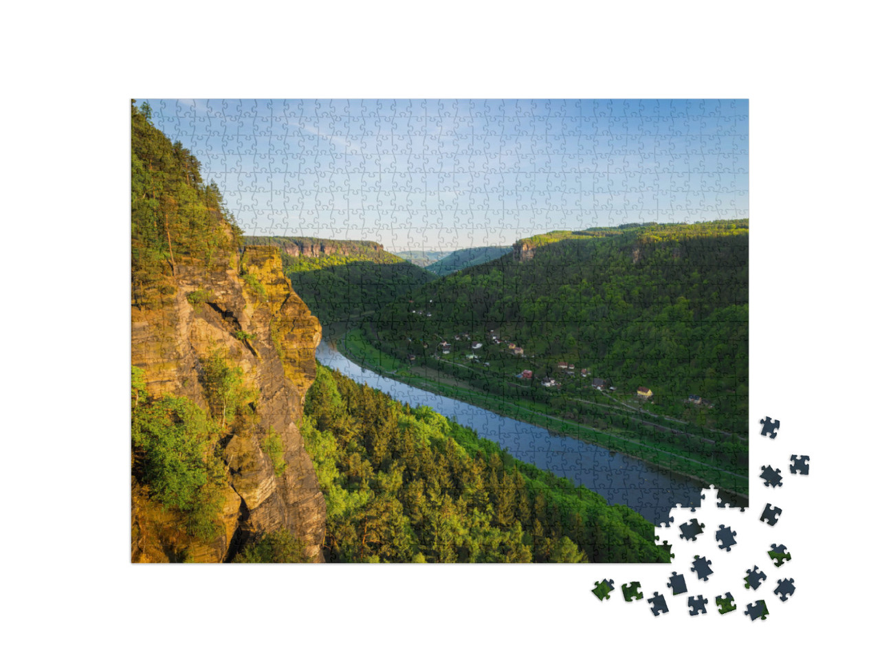 puzzle 1000 dílků „Pískovcové skály a lesy ve večerním slunci, Labe“