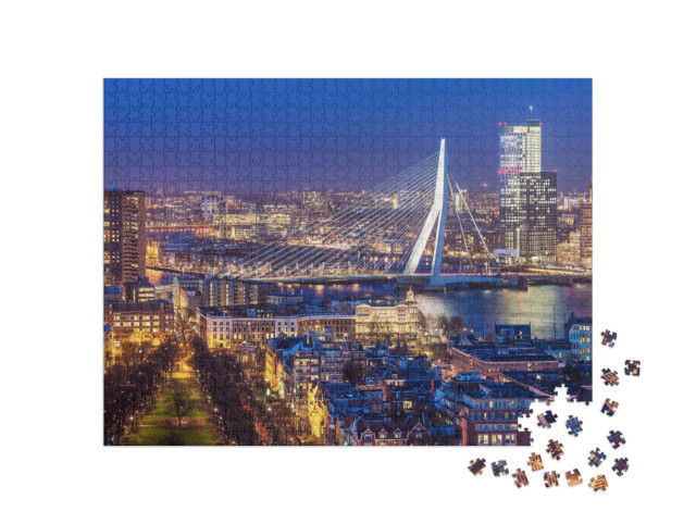 puzzle 1000 dílků „Panorama Rotterdamu s Erasmovým mostem, Nizozemsko“