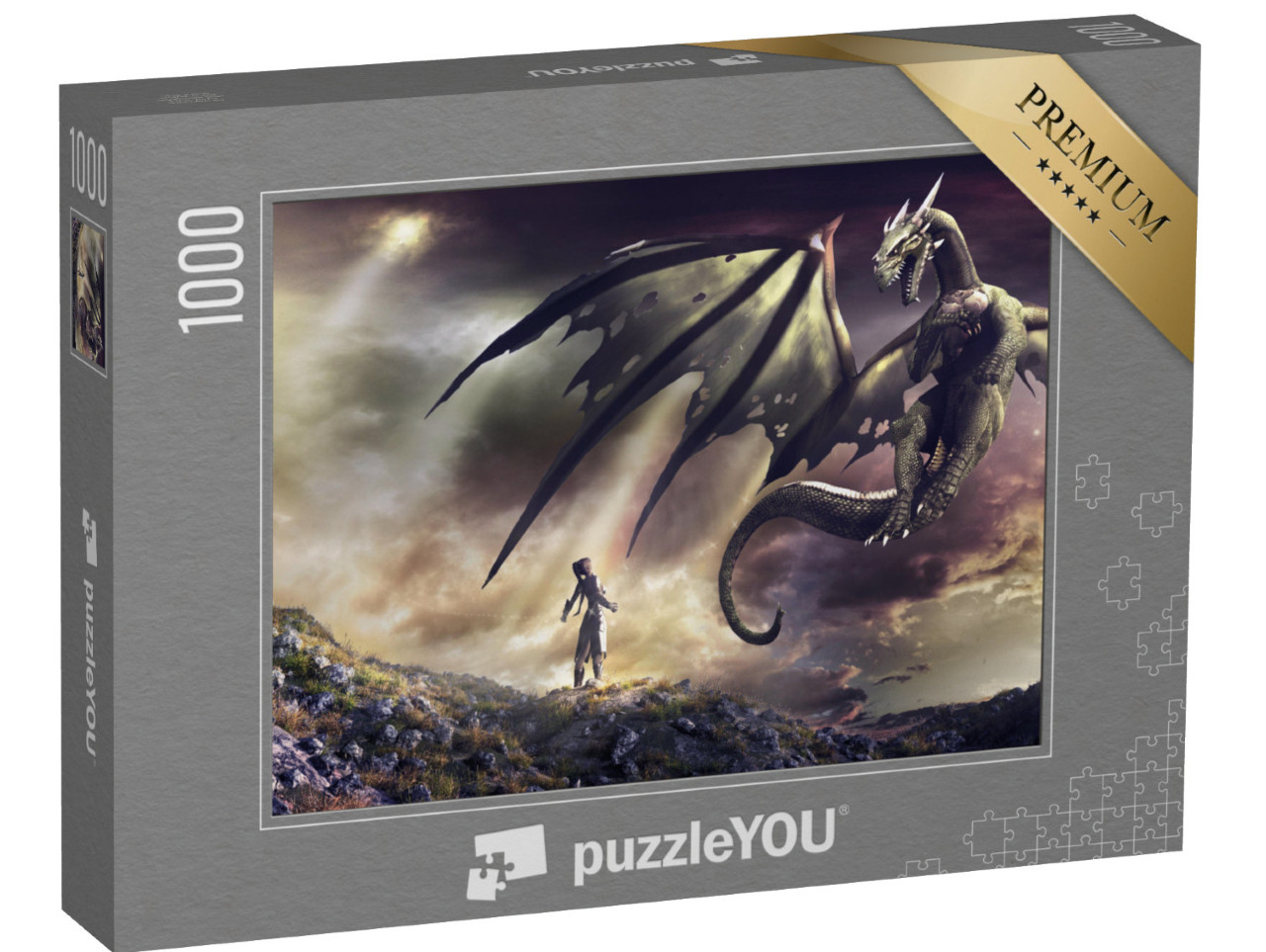 puzzle 1000 dílků „Fantasy krajina se zříceninou hradu, kouzelnicí a zeleným drakem“
