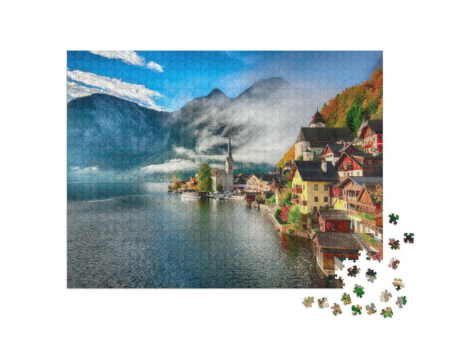 puzzle 1000 dílků „Mlhavý východ slunce na podzim, Hallstatt, Rakousko“