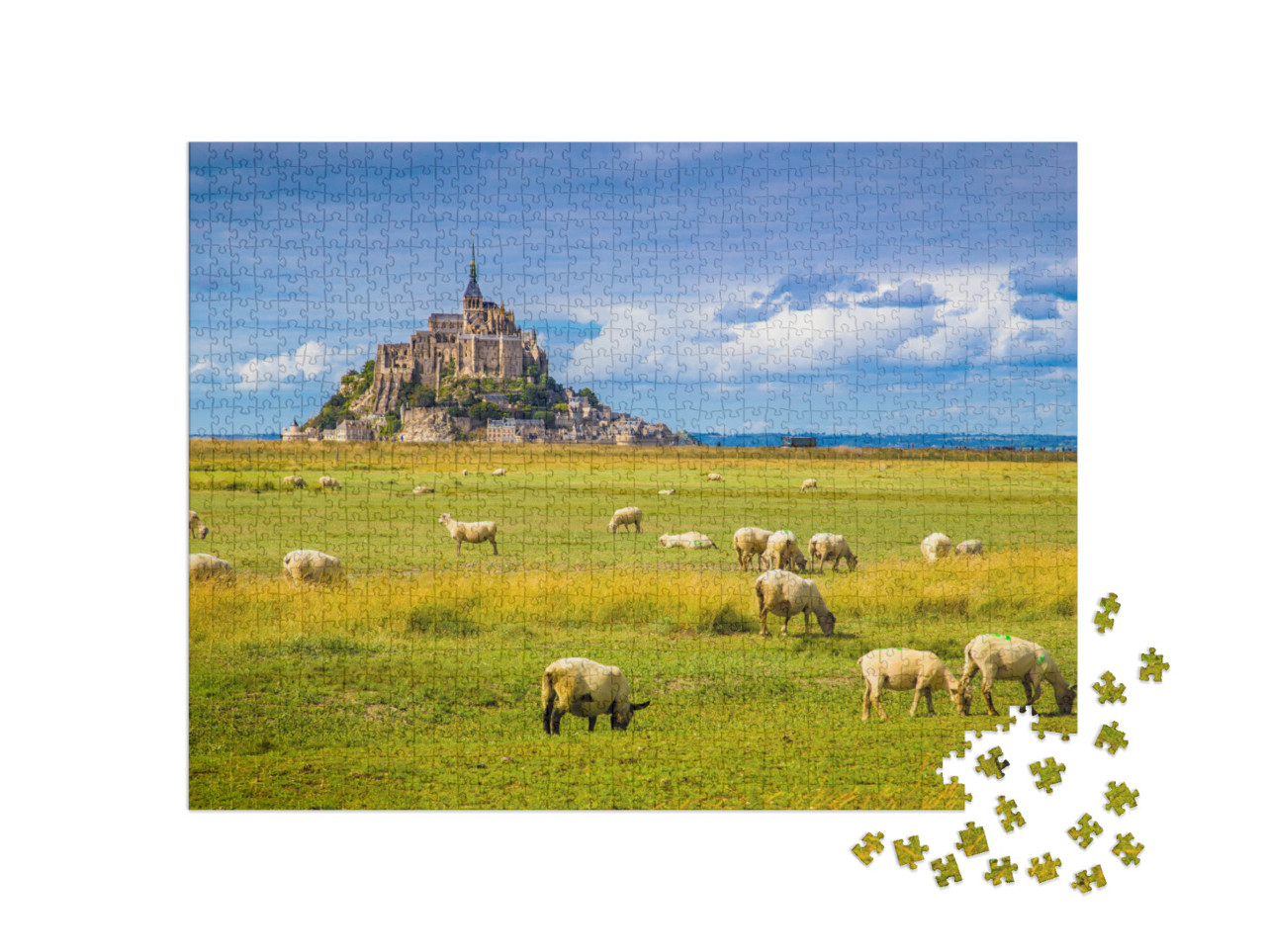 puzzle 1000 dílků „Le Mont Saint-Michel s ovcemi na zelené louce, Normandie, Francie“