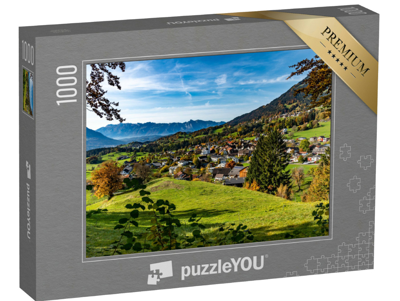 puzzle 1000 dílků „Podzimní pohled na malou vesnici do údolí“