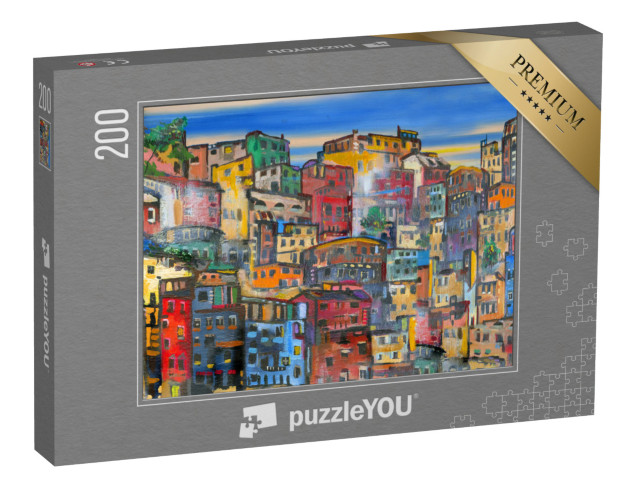 puzzle 200 dílků „Ilustrace: Barevné, hustě zaplněné fasády domů“